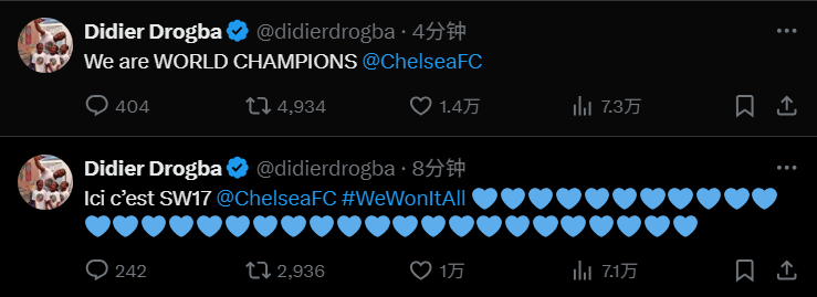 切尔西名宿德罗巴连发两条社媒庆祝：我们是世界冠军！